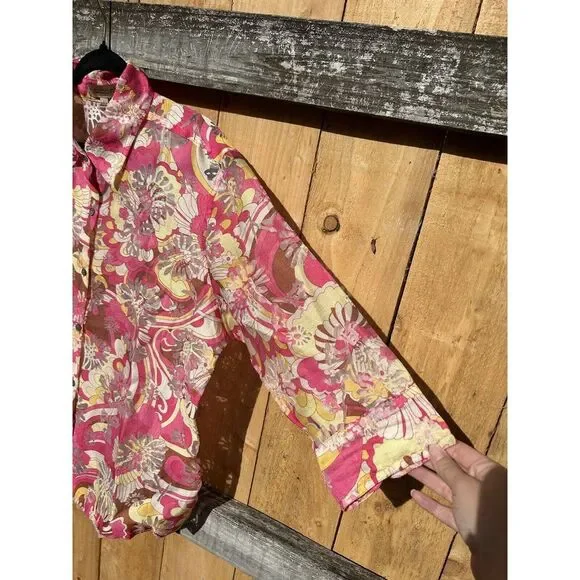 Notations Women's Pink Floral Half Sleeve Semi Sheer Button Shirt Top Size L - Picture 4 of 9